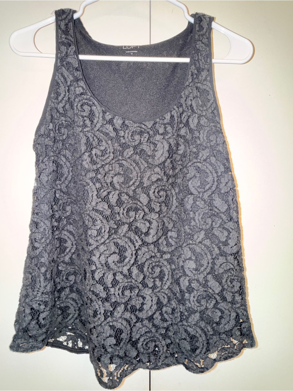 LOFT Black Floral Lace Tank with Scalloped Edge
